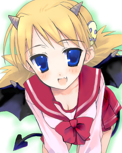 sasamori karin, to heart (series), to heart 2, lowres, 00s, 1girl, blush, demon, female focus, hair ornament, horns, pleated skirt, school uniform, serafuku, skirt, solo