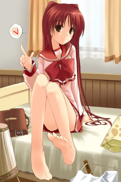 kousaka tamaki, to heart (series), to heart 2, 00s, bag, barefoot, bed, feet, long hair, pleated skirt, red hair, school bag, school uniform, serafuku, sitting, skirt, soles, solo, toes, v
