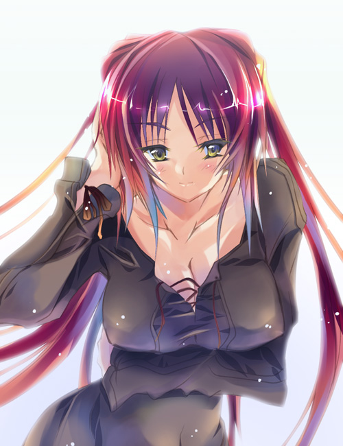 kousaka tamaki, to heart (series), to heart 2, 00s, 1girl, blush, breasts, brown eyes, casual, cleavage, female focus, large breasts, long hair, long sleeves, red hair, solo