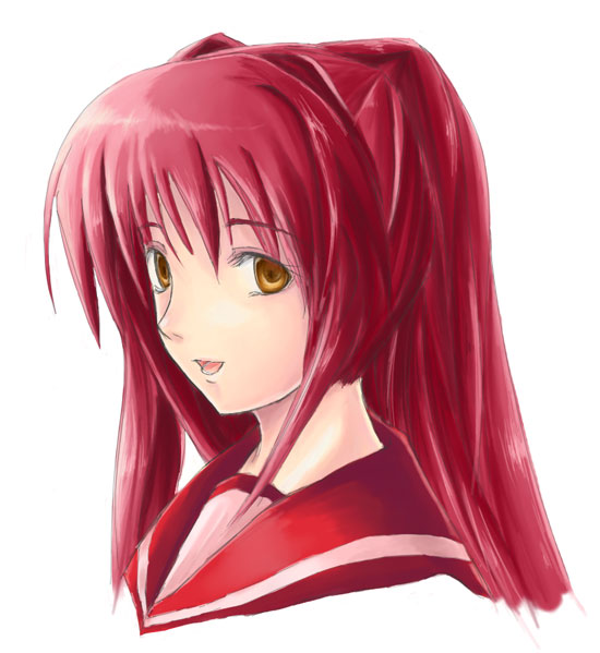kousaka tamaki, to heart (series), to heart 2, 00s, looking at viewer, open mouth, red hair, school uniform, serafuku, simple background, smile, solo, white background, yellow eyes