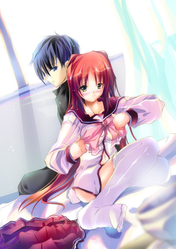 kousaka tamaki, to heart (series), to heart 2, 00s, blush, long hair, red hair, school uniform, serafuku, thighhighs, undressing