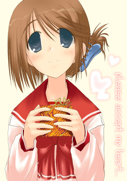 komaki manaka, to heart (series), to heart 2, 00s, 1girl, blue eyes, blush, brown hair, female focus, folded ponytail, gift, hair ornament, holding, holding gift, school uniform, serafuku, solo