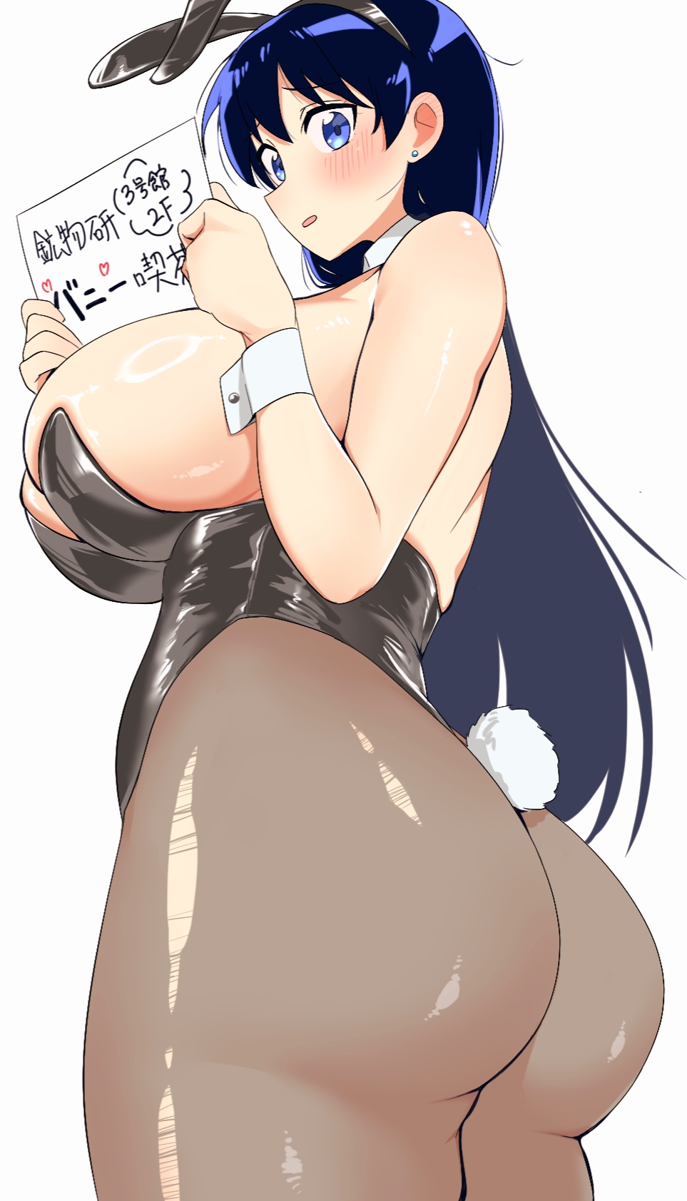 imiin, arato nagi, ruri no houseki, highres, 1girl, animal ears, ass, bare arms, black hair, black leotard, blue eyes, blush, breasts, bunny day, curvy, detached collar, ear piercing, earrings, fake animal ears, hair between eyes, holding, holding sign, huge breasts, jewelry, leotard, long hair, looking at viewer, open mouth, piercing, playboy bunny, rabbit ears, sign, solo, standing, stud earrings, white background, wrist cuffs