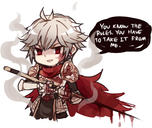 lord knight (ragnarok online), seyren windsor, ragnarok online, commentary, english commentary, 1boy, armor, astrarunia, aura, bio lab, blood, blood on face, breastplate, cape, chainmail, cross, cross of prontera, english text, grey hair, holding, holding polearm, holding weapon, looking at viewer, male focus, open mouth, pauldrons, polearm, red cape, red eyes, short hair, shoulder armor, simple background, smile, solo, spear, spiked gauntlets, upper body, weapon, white background