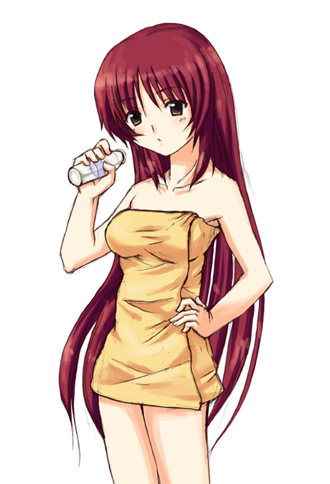 kousaka tamaki, to heart (series), to heart 2, 00s, 1girl, female focus, impossible towel, long hair, milk, naked towel, solo, towel, very long hair