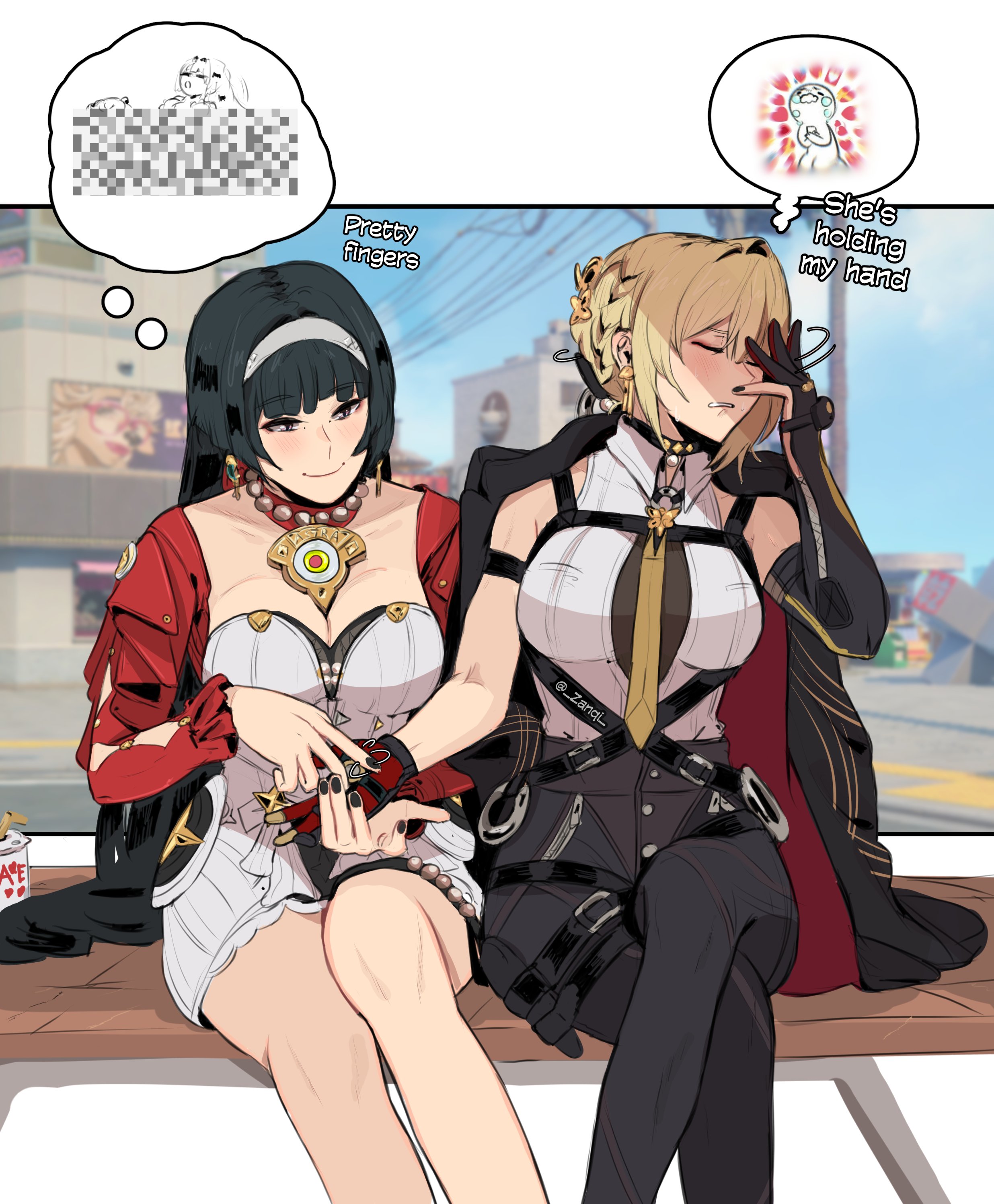 zanqi, astra yao, evelyn chevalier, yu-gi-oh!, zenless zone zero, absurdres, highres, 2girls, arm strap, black gloves, black pants, blonde hair, blush, breasts, chest harness, couple, earrings, elbow gloves, gloves, hair up, half gloves, harness, high-waist pants, jewelry, large breasts, latex pants, long hair, long ribbon, mole, mole under eye, multiple girls, necktie, pants, ring hair ornament, shirt, short hair, single elbow glove, single half glove, thigh beads, tight clothes, tight pants, uneven bangs, white shirt, yellow necktie, yuri