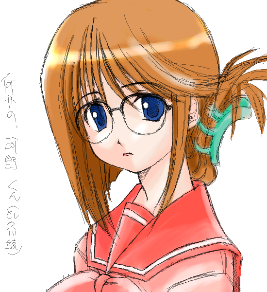 komaki manaka, to heart (series), to heart 2, 00s, 1girl, blue eyes, bow, bowtie, brown hair, female focus, folded ponytail, glasses, looking at viewer, sailor collar, solo