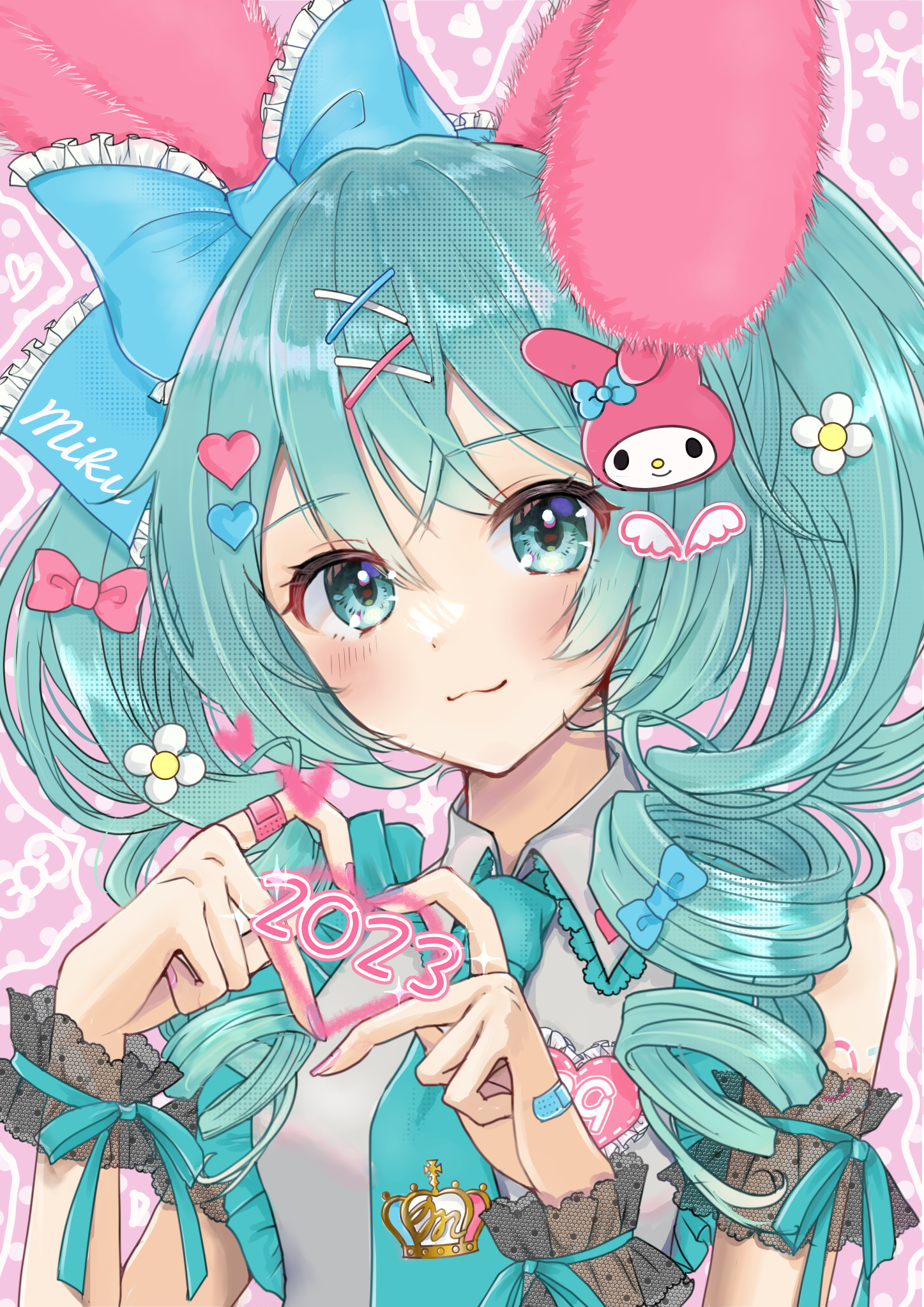 mofmama, hatsune miku, my melody, onegai my melody, sanrio, vocaloid, commentary request, highres, 1girl, 2023, :3, animal ears, aqua eyes, aqua hair, aqua necktie, aqua ribbon, aqua trim, bandaid, bandaid on finger, bandaid on hand, bare shoulders, black wrist cuffs, blue bow, blush, bow, breasts, character hair ornament, closed mouth, collared shirt, double-parted bangs, drill hair, fake animal ears, flower, frilled shirt, frilled shirt collar, frilled wrist cuffs, frills, grey shirt, hair between eyes, hair bow, hair flower, hair ornament, hair over shoulder, halftone, hands up, head tilt, heart, heart hair ornament, heart hands, heart in heart hands, long hair, looking at viewer, nail polish, necktie, pink background, pink bow, pink nails, polka dot, polka dot background, ribbon, see-through clothes, see-through wrist cuffs, shirt, simple background, sleeveless, sleeveless shirt, small breasts, solo, twin drills, upper body, white flower, wing hair ornament, wrist cuffs, x hair ornament