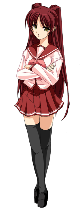 kousaka tamaki, to heart (series), to heart 2, 00s, brown eyes, long hair, pleated skirt, red hair, school uniform, serafuku, simple background, skirt, solo, thighhighs, very long hair, white background, zettai ryouiki