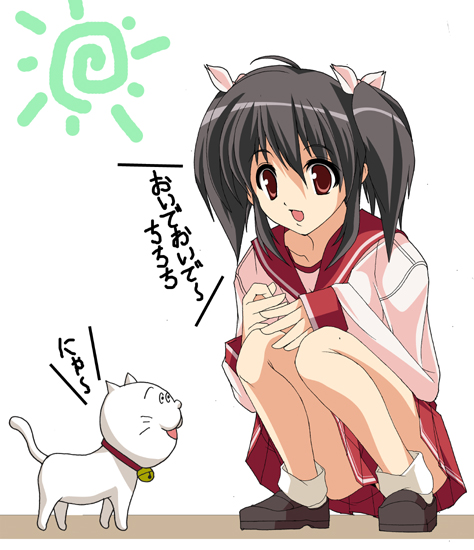 yuzuhara konomi, to heart (series), to heart 2, 00s, 1girl, cat, female focus, pleated skirt, school uniform, serafuku, skirt, solo