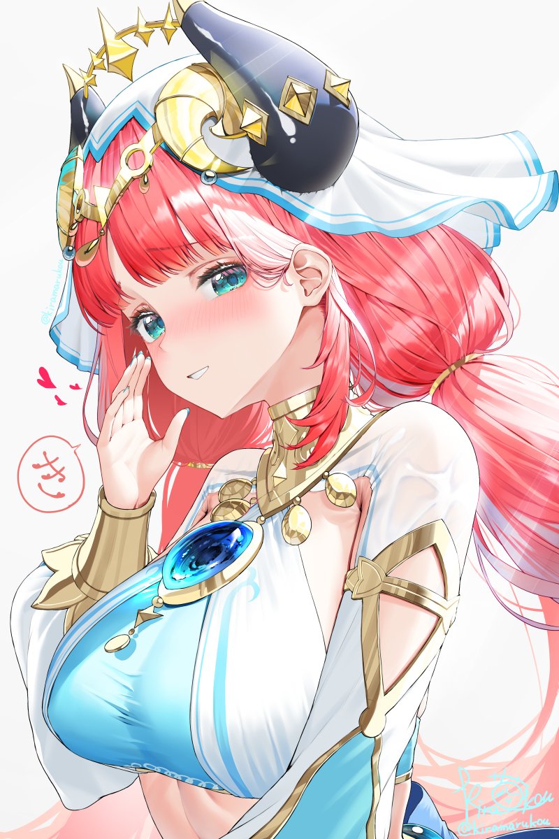 kiramarukou, nilou (genshin impact), genshin impact, commentary request, highres, 1girl, artist name, blue eyes, blush, breasts, fake horns, grin, horns, jewelry, large breasts, long hair, long sleeves, looking at viewer, red hair, signature, simple background, smile, solo, speech bubble, upper body, veil, white background
