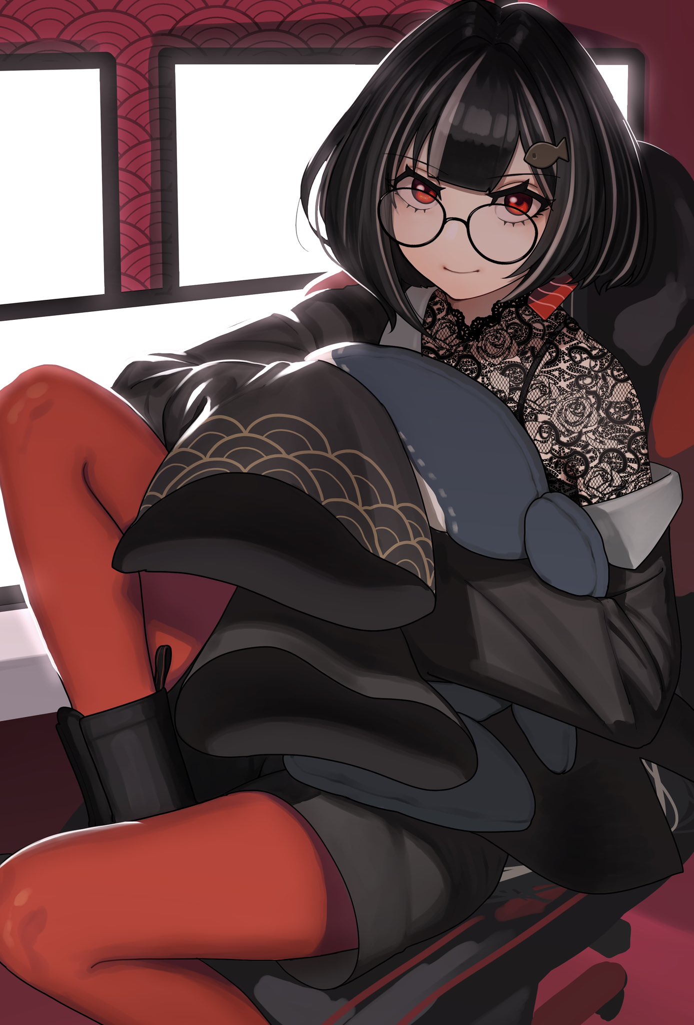 tunao, commentary request, copyright request, highres, 1girl, black-framed eyewear, black boots, black hair, black jacket, black shirt, black shorts, boots, closed mouth, fish hair ornament, glasses, grey hair, hair ornament, jacket, knee up, lace shirt, long hair, long sleeves, looking at viewer, multicolored hair, off shoulder, open clothes, open jacket, pantyhose, pantyhose under shorts, red eyes, red pantyhose, round eyewear, shirt, short shorts, shorts, sitting, sleeves past fingers, sleeves past wrists, smile, solo, streaked hair, very long hair, virtual youtuber, wide sleeves
