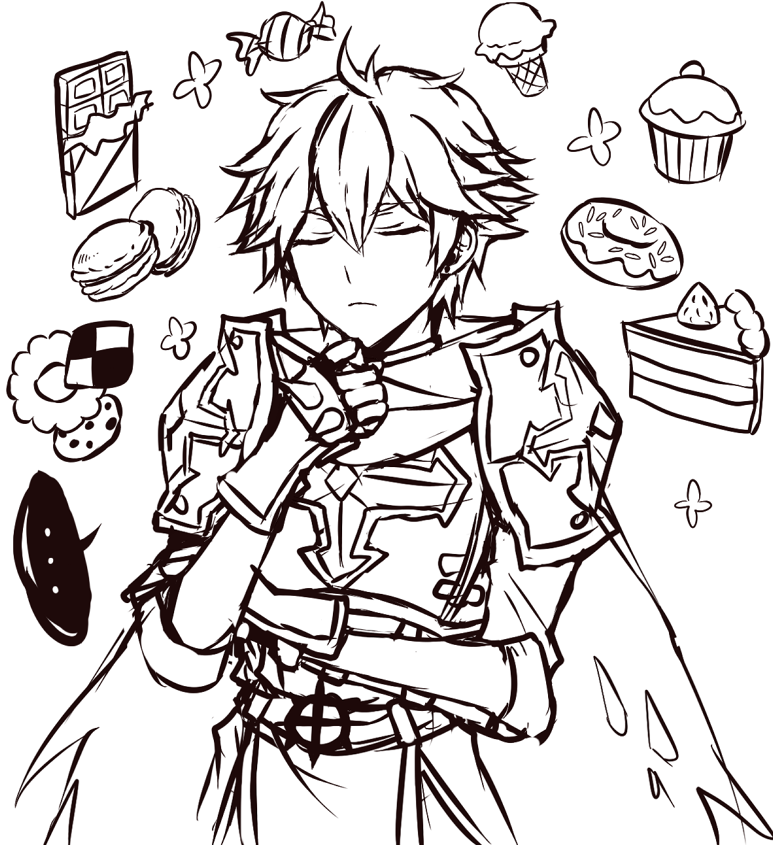 lord knight (ragnarok online), seyren windsor, ragnarok online, commentary, english commentary, …, 1boy, armor, astrarunia, belt, breastplate, cake, cake slice, candy, cape, checkerboard cookie, chocolate, chocolate bar, chocolate chip cookie, closed eyes, closed mouth, cookie, cowboy shot, cross, cross of prontera, cupcake, donut, food, ice cream, ice cream cone, lineart, macaron, male focus, pauldrons, short hair, shoulder armor, simple background, solo, spiked gauntlets, spoken ellipsis, thinking, thumbprint cookie, wrapped candy