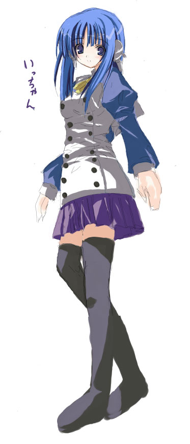 ilfa (to heart), to heart (series), to heart 2, 00s, 1girl, blue hair, bow, bowtie, buttons, female focus, full body, headgear, headphones, long sleeves, looking at viewer, purple eyes, purple skirt, robot ears, simple background, skirt, solo, standing, thighhighs, white background, zettai ryouiki