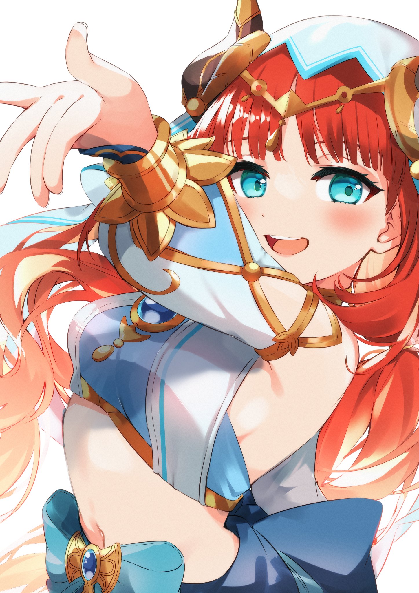 po pooch, nilou (genshin impact), genshin impact, commentary, highres, 1girl, blue brooch, blue eyes, blue skirt, blush, breasts, brooch, brown horns, crop top, detached sleeves, fake horns, gold trim, harem outfit, horns, jewelry, long hair, looking at viewer, midriff, navel, open mouth, outstretched arm, puffy detached sleeves, puffy sleeves, red hair, sideboob, simple background, skirt, small breasts, smile, solo, teeth, upper body, upper teeth only, veil, white background, white veil