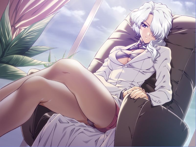 morita kazuaki, mikage reika, yakin byoutou, yakin byoutou san, game cg, 00s, 1girl, bra, business suit, chair, crossed legs, female focus, formal clothes, hair over one eye, lingerie, miniskirt, open clothes, open shirt, panties, panties under pantyhose, pantyhose, pantyshot, pencil skirt, ponytail, purple eyes, purple panties, shirt, sitting, skirt, skirt suit, smile, solo, suit, underwear, upskirt, white hair, window