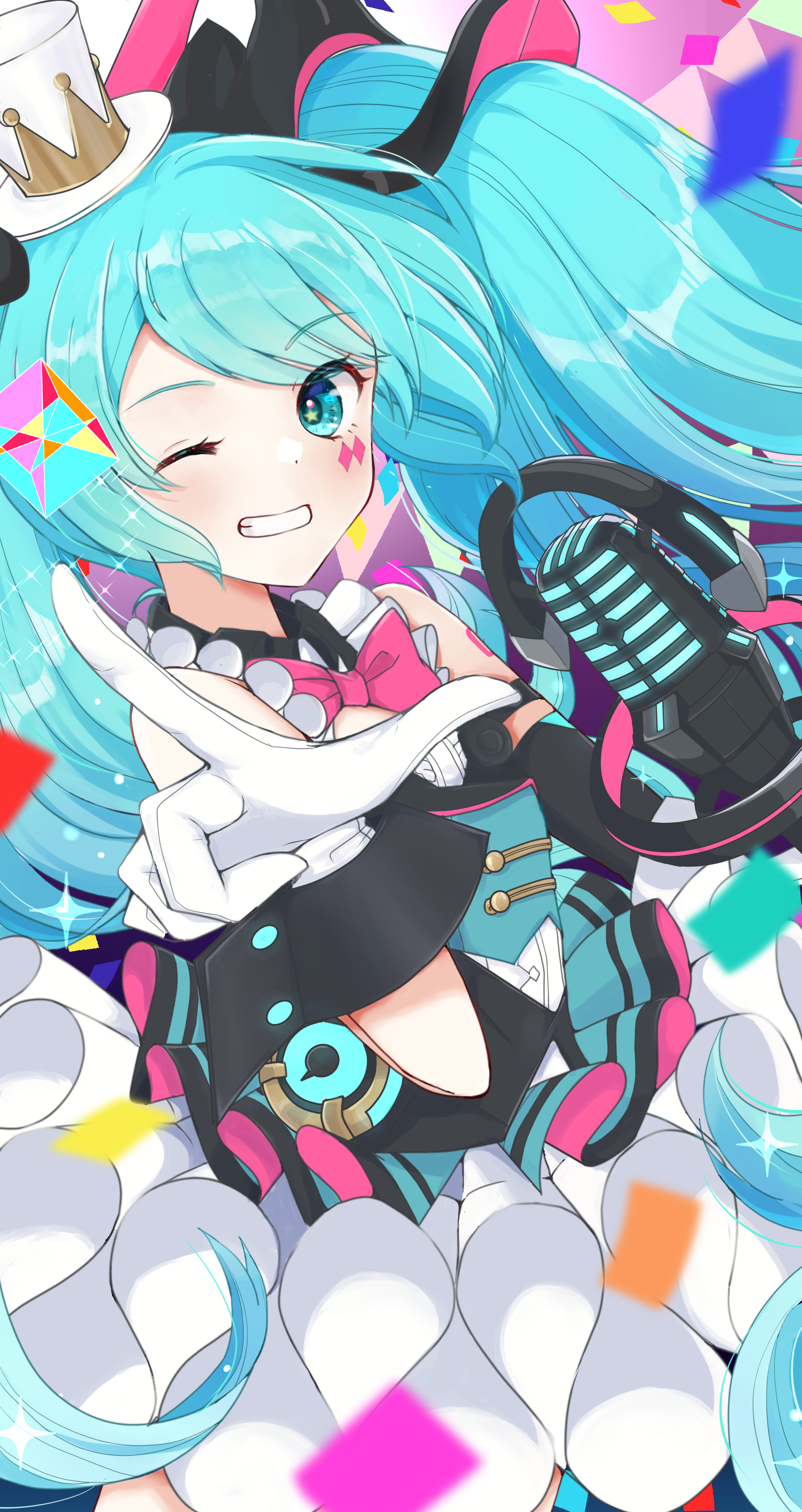 mofmama, hatsune miku, magical mirai miku, magical mirai miku (2019), magical mirai (vocaloid), vocaloid, absurdres, highres, 1girl, aqua eyes, aqua hair, blush, bow, detached sleeves, frilled shirt, frills, gloves, hair ornament, hat, hoop skirt, long hair, long sleeves, looking at viewer, microphone, mini hat, mini top hat, official alternate costume, official alternate hairstyle, one eye closed, pink bow, shirt, smile, solo, top hat, very long hair, white gloves, white hat, white shirt, wrist cuffs