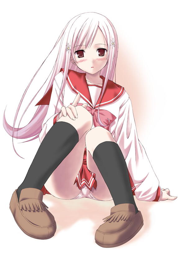 lucy maria misora, to heart (series), to heart 2, 00s, 1girl, arm support, black socks, blush, bow, female focus, hair ornament, hairclip, kneehighs, long hair, miniskirt, panties, pantyshot, pink bow, pink eyes, pink hair, pink panties, pleated skirt, school uniform, serafuku, shoes, sitting, skirt, socks, solo, underwear, upskirt