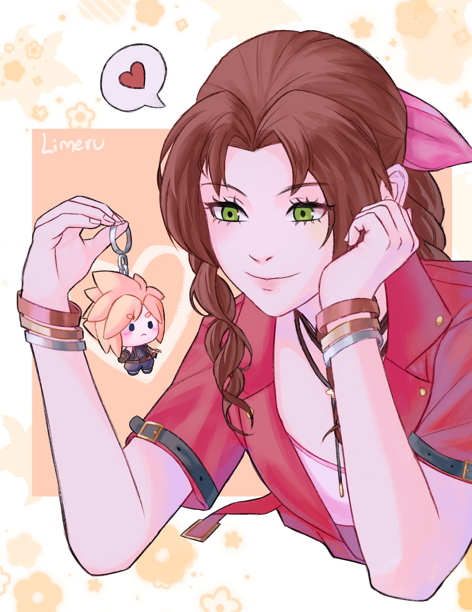 liunennim, aerith gainsborough, cloud strife, final fantasy, final fantasy vii, final fantasy vii remake, highres, 1boy, 1girl, artist name, bangle, blonde hair, bracelet, braid, braided ponytail, brown hair, character charm, charm (object), choker, dress, flower choker, green eyes, hair ribbon, head on hand, heart, jacket, jewelry, long hair, looking to the side, lying, on stomach, parted bangs, pink dress, pink ribbon, red jacket, ribbon, short sleeves, sidelocks, single braid, smile, spiked hair, spoken heart, upper body
