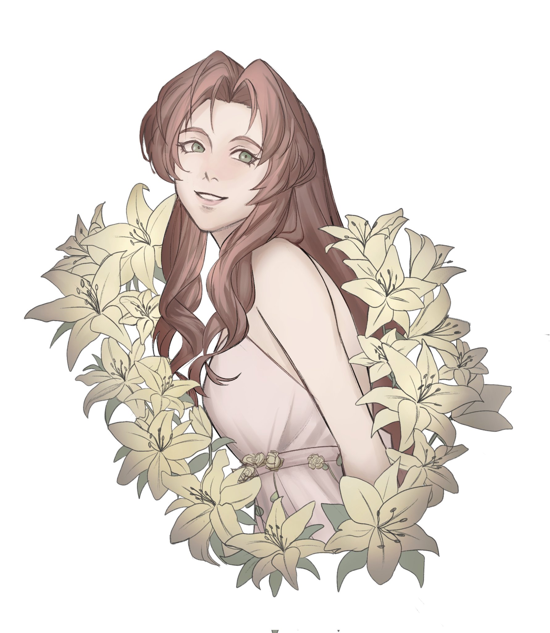 liunennim, aerith gainsborough, aerith gainsborough (white floral dress), final fantasy, final fantasy vii, final fantasy vii rebirth, final fantasy vii remake, highres, bare shoulders, breasts, brown hair, dress, flower, green eyes, lily (flower), long hair, medium breasts, official alternate costume, parted bangs, parted lips, sidelocks, smile, strapless, strapless dress, upper body, white background, white dress, yellow flower