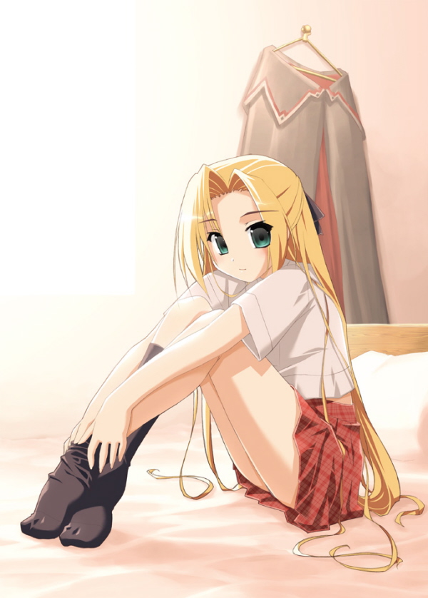 duplicate, tagme, blonde hair, green eyes, plaid clothes, plaid skirt, skirt, socks, solo