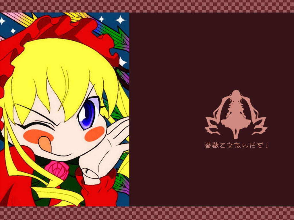 shinku, pani poni dash!, rozen maiden, 1girl, blush stickers, crossover, female focus, one eye closed, parody, solo, tongue