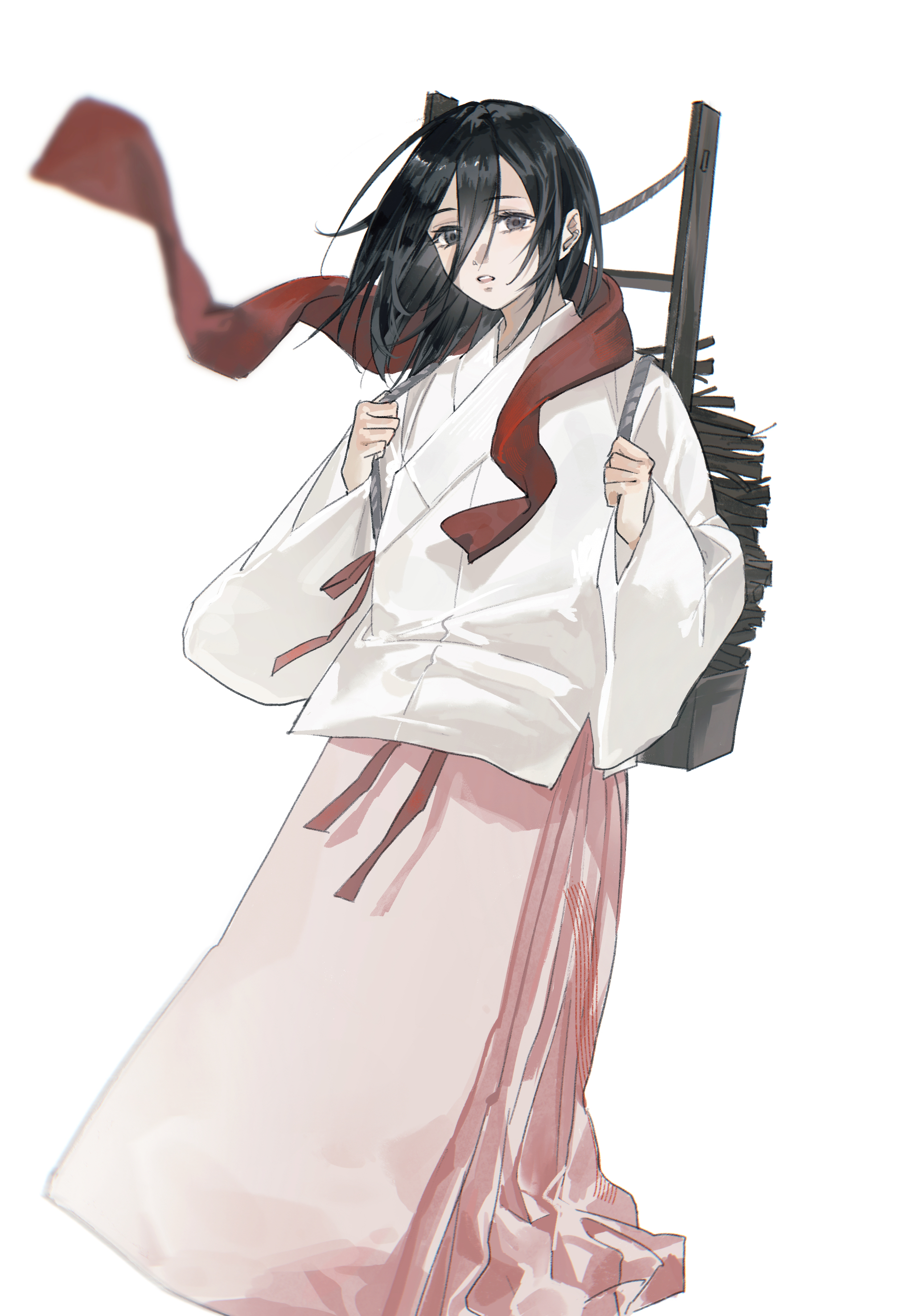 mikasa ackerman, shingeki no kyojin, absurdres, highres, 1girl, backpack, bag, black hair, feet out of frame, grey eyes, hair between eyes, japanese clothes, long hair, looking at viewer, parted lips, pink skirt, red scarf, scarf, shirt, shnyng11856, skirt, solo, stick, straight hair, white background, white shirt