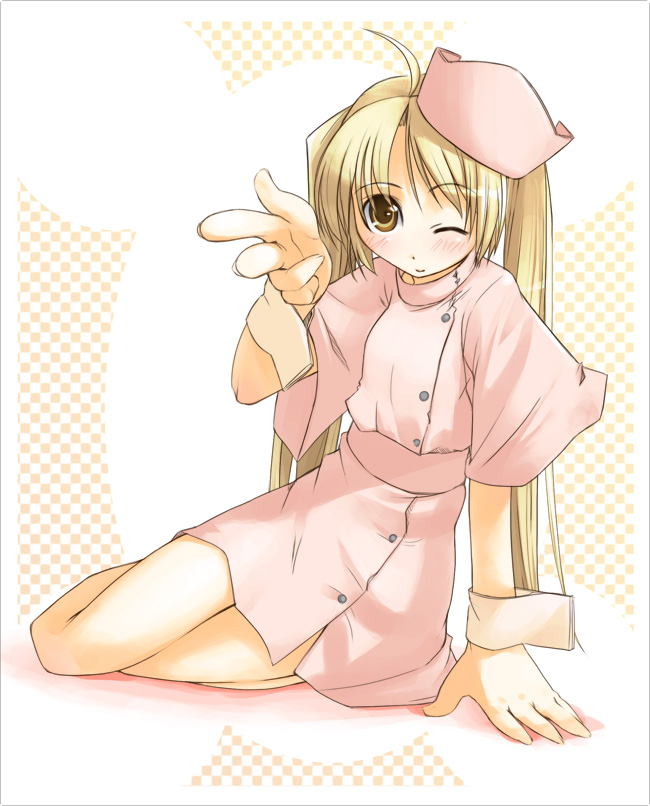 jirou (chekoro), 1girl, ;), ahoge, buttons, dress, female focus, hat, nurse, one eye closed, pink dress, pointing, short sleeves, simple background, sitting, smile, solo, wrist cuffs, yokozuwari