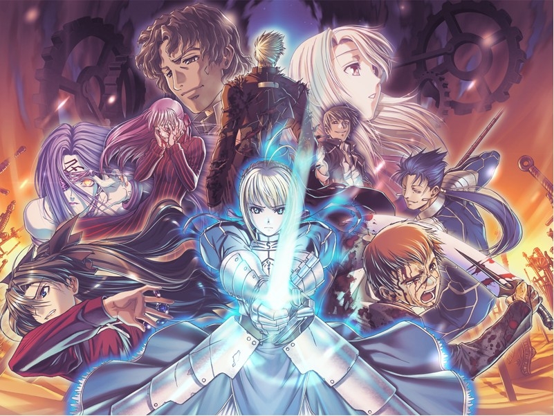 hiroe rei, archer (fate), artoria pendragon (fate), cu chulainn (fate), cu chulainn (fate/stay night), dark sakura, emiya shirou, gilgamesh (fate), gilgamesh (immoral biker jacket) (fate), illyasviel von einzbern, kotomine kirei, matou sakura, medusa (fate), medusa (rider) (fate), saber (fate), tohsaka rin, fate/stay night, fate (series), light purple hair, striped, 00s, 5boys, 5girls, ahoge, armor, armored dress, back, bare shoulders, between fingers, bleeding, blonde hair, blood, blood splatter, blue eyes, blue hair, brown eyes, brown hair, buckle, clenched teeth, coat, collage, corruption, cross, crying, dark-skinned male, dark skin, dress, earrings, everyone, excalibur (fate/stay night), eyepatch, facial mark, floating hair, forehead mark, gae bolg (fate), gauntlets, gears, gem, glowing, glowing eyes, glowing sword, glowing weapon, grin, hair over one eye, hair ribbon, hands on own face, holding, invisible air (fate), jewelry, long hair, looking afar, multiple boys, multiple girls, nail polish, official alternate costume, open mouth, overcoat, polearm, ponytail, puffy sleeves, red eyes, red hair, ribbon, sad, serious, short hair, shouting, smile, smirk, spear, square pupils, sword, tears, teeth, torn clothes, turtleneck, twintails, unlimited blade works (reality marble), vertical stripes, very long hair, weapon, wince, yellow eyes