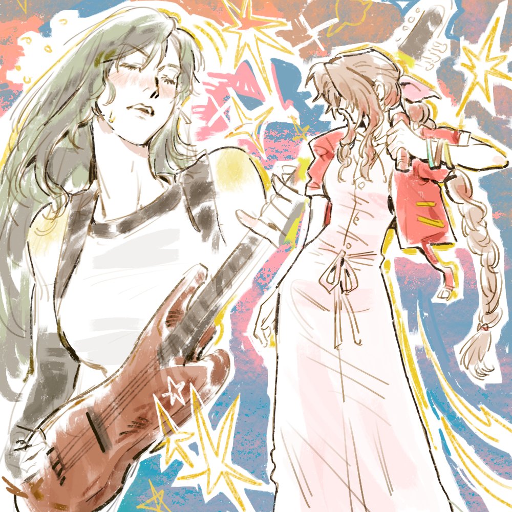 jeremr, aerith gainsborough, tifa lockhart, final fantasy, final fantasy vii, final fantasy vii rebirth, final fantasy vii remake, 2boys, bangle, bare shoulders, black bra, black gloves, black hair, blush, bra, bracelet, braid, braided ponytail, breasts, brown hair, buttons, closed eyes, cowboy shot, cropped jacket, dress, earrings, elbow gloves, gloves, guitar, hair over eyes, hair ribbon, holding, holding guitar, holding instrument, holding microphone, instrument, jacket, jewelry, long dress, long hair, medium breasts, microphone, multiple boys, music, open mouth, parted bangs, pink dress, pink ribbon, red jacket, ribbon, shirt, short sleeves, sidelocks, singing, single braid, sketch, sports bra, suspenders, sweat, underwear, upper body, white shirt