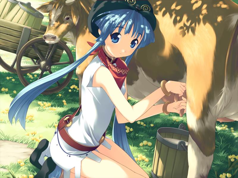 furudera naru, llyr, tears to tiara, game cg, 00s, 1girl, animal, bangle, bare legs, barrel, blue eyes, blue hair, bracelet, breasts, bucket, cow, day, dress, farmer, female focus, flower, from side, grass, hand milking, hat, jewelry, kneeling, long hair, looking at viewer, looking to the side, matching hair/eyes, milk, neckerchief, no socks, outdoors, shoes, short dress, short hair with long locks, sidelocks, sleeveless, sleeveless dress, solo, sunlight, tree shade, udder, wagon, white dress