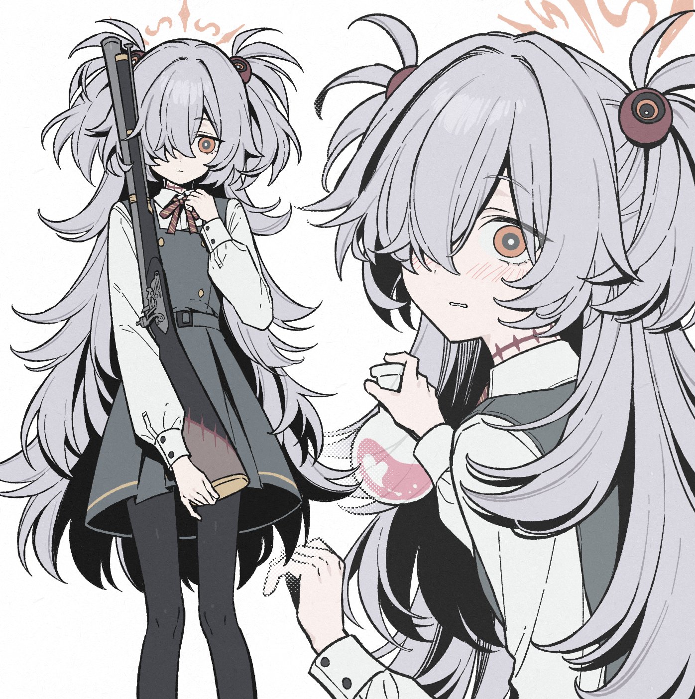 m4k3inu, kanoe (blue archive), blue archive, highres, 1girl, antique firearm, black pantyhose, blunderbuss, brown ribbon, buttons, collared shirt, diagonal-striped ribbon, dithering, double-breasted, dress, firearm, flask, flat chest, grey dress, grey hair, gun, hair over one eye, halo, holding, holding flask, holding gun, holding weapon, long bangs, long hair, long sleeves, looking at viewer, looking back, messy hair, mojyo, multiple views, orange eyes, orange halo, pantyhose, parted bangs, parted lips, pinafore dress, puffy long sleeves, puffy sleeves, ribbon, round-bottom flask, scar, scar on neck, shirt, short twintails, sidelocks, sideways glance, sleeve cuffs, sleeveless, sleeveless dress, solo, sphere hair ornament, twintails, very long hair, weapon, white shirt, wide-eyed