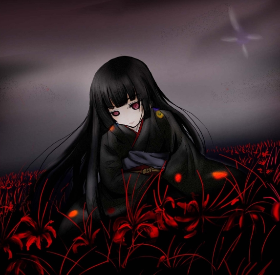 enma ai, jigoku shoujo, 00s, blunt bangs, flower, hime cut, japanese clothes, red flower, solo, spider lily