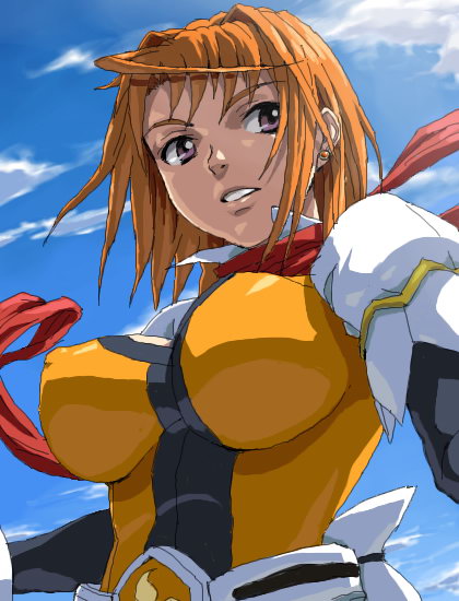 nigou, tokiha mai, my-hime, my-otome, looking away, 00s, 1girl, breasts, cleavage cutout, clothing cutout, cloud, covered erect nipples, day, female focus, large breasts, orange hair, orange shirt, red scarf, scarf, shirt, short hair, sky, solo