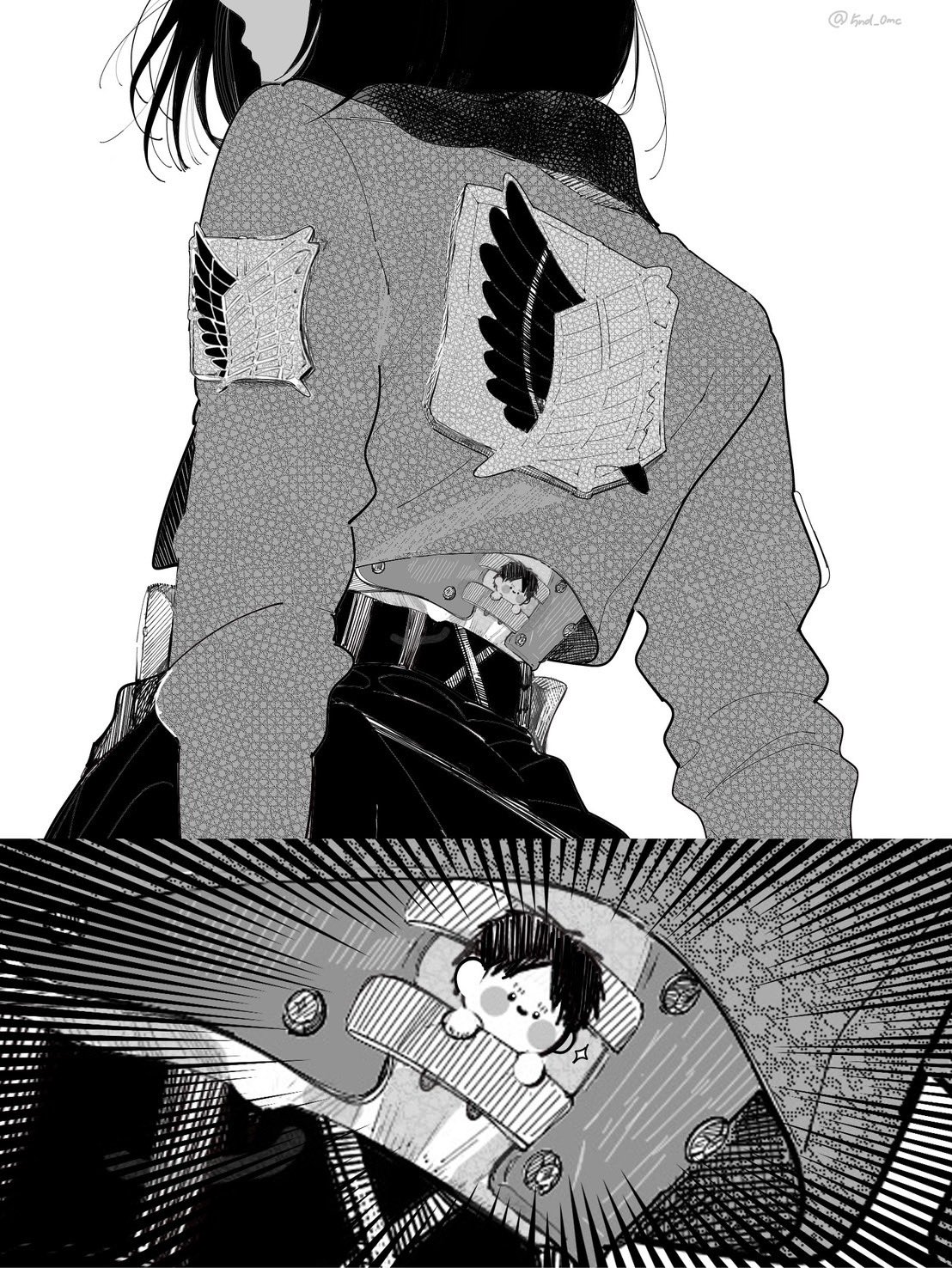 eren yeager, mikasa ackerman, shingeki no kyojin, highres, 1boy, 1girl, 5nd 0mc, black hair, blush stickers, chibi, cropped jacket, emphasis lines, greyscale, jacket, military jacket, monochrome, parted bangs, short hair, survey corps (emblem), three-dimensional maneuver gear, twintails, upper body, white background