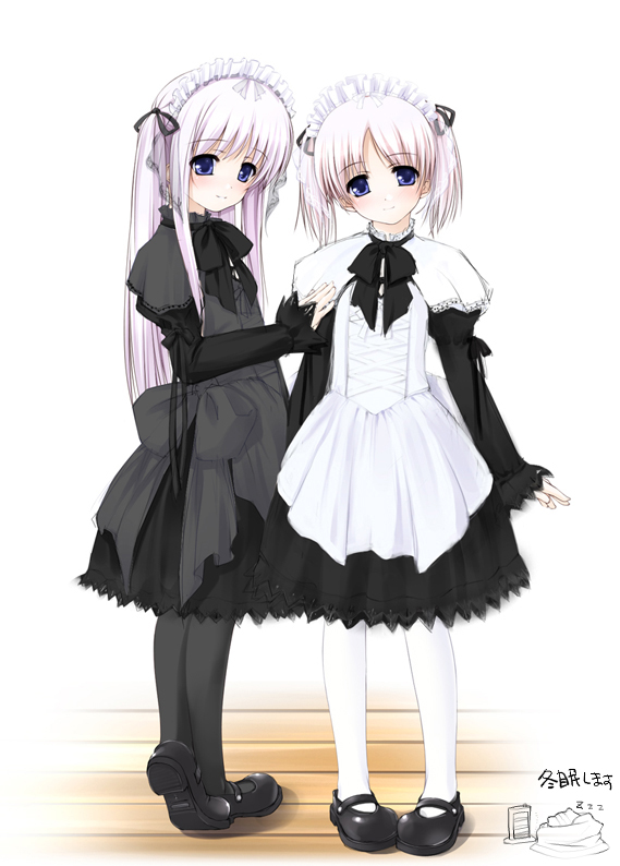 ooji, black legwear, white legwear, 2girls, arms at sides, blue eyes, chibi, chibi inset, full body, goth fashion, head tilt, loli, long hair, maid, multiple girls, pantyhose, siblings, simple background, sisters, standing, twins, twintails, very long hair, white background, white hair, wooden floor