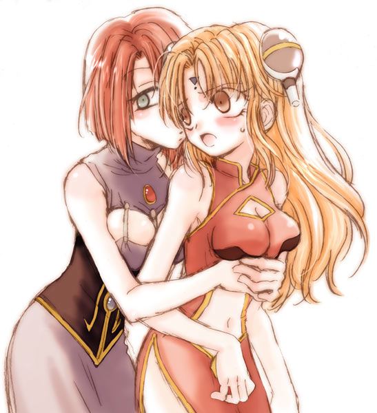 forte stollen, ranpha franboise, broccoli (company), galaxy angel, looking away, bad id, bad pixiv id, 00s, 2girls, :o, blonde hair, blush, breast lift, breasts, cleavage, cleavage cutout, clothing cutout, dress, green eyes, hug, hug from behind, medium breasts, multiple girls, navel, navel cutout, open mouth, purple dress, simple background, surprised, white background