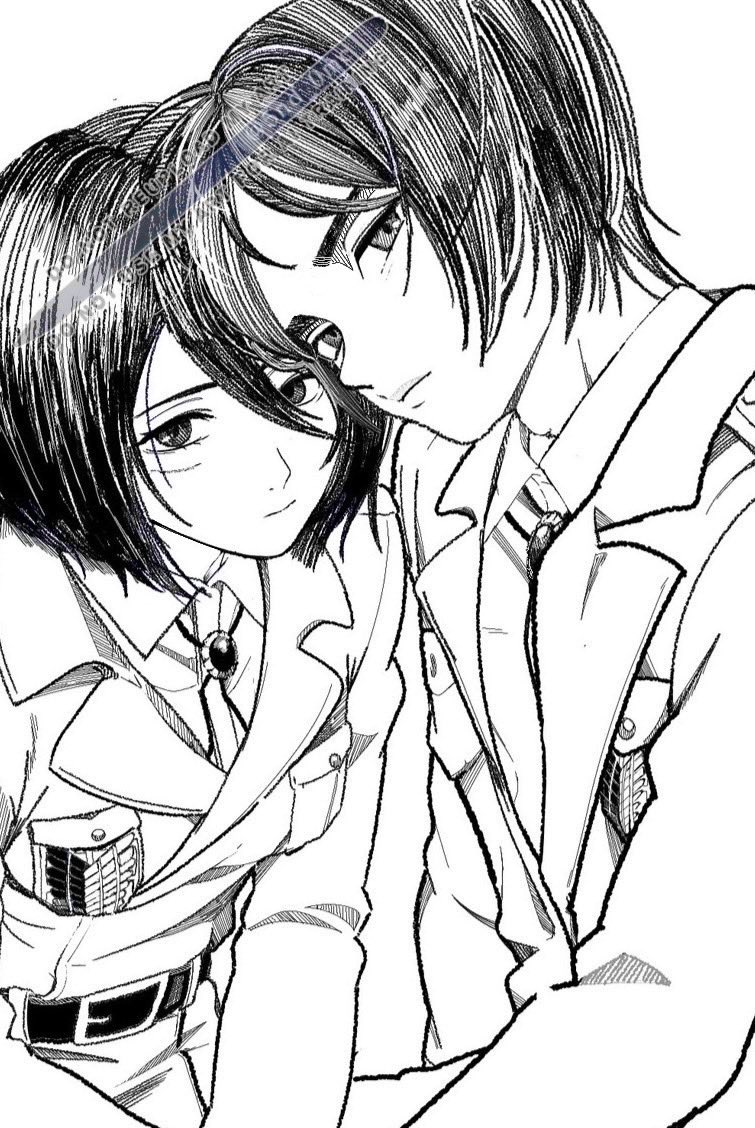 eren yeager, mikasa ackerman, shingeki no kyojin, 1boy, 1girl, 5nd 0mc, belt, belt buckle, black belt, black hair, bolo tie, breasts, buckle, closed mouth, collared shirt, cropped jacket, facial scar, greyscale, hair between eyes, medium breasts, monochrome, parted bangs, scar, scar on cheek, scar on face, shirt, short hair, survey corps (emblem), upper body, white background, white shirt