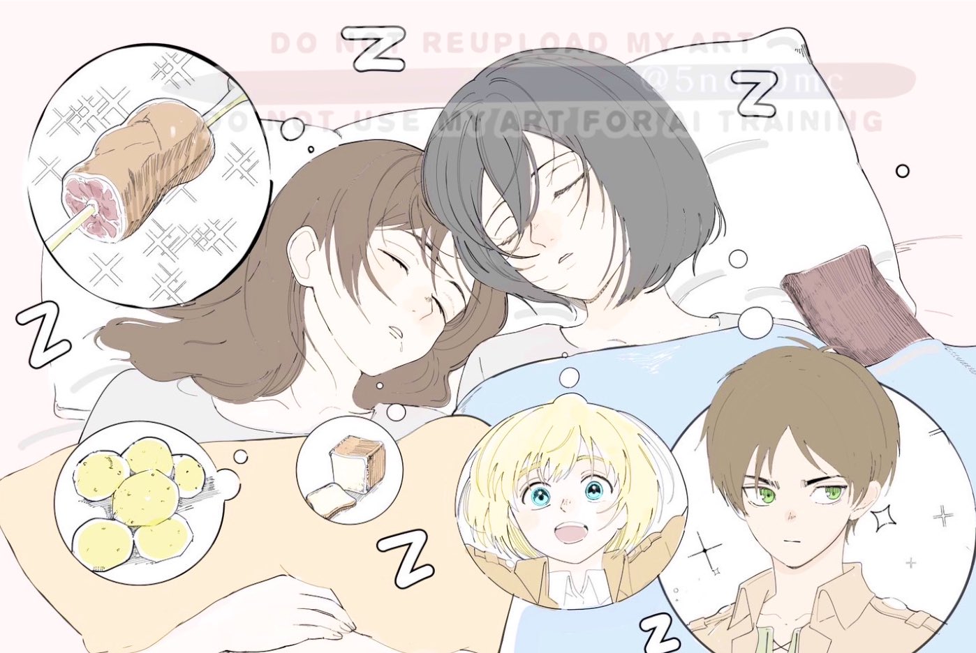 armin arlert, eren yeager, mikasa ackerman, sasha blouse, shingeki no kyojin, 2boys, 2girls, 5nd 0mc, black hair, blonde hair, blue eyes, boned meat, bread, bread slice, brown hair, brown jacket, closed eyes, drooling, facial scar, food, green eyes, grey shirt, hair between eyes, image in thought bubble, jacket, loaf of bread, long hair, meat, mouth drool, multiple boys, multiple girls, parted lips, pillow, potato, scar, scar on cheek, scar on face, shirt, short hair, sleeping, sparkle, under covers, upper body