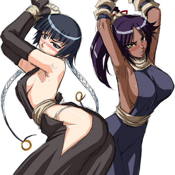kagami hirotaka, shihouin yoruichi, sui-feng, bleach, 00s, 2girls, armpits, arms up, bdsm, blue hair, blush, bondage, bound, bound wrists, breasts, clothing cutout, dark-skinned female, dark skin, from side, fundoshi, gloves, hakama, hakama skirt, hip vent, japanese clothes, large breasts, medium breasts, multiple girls, no bra, ponytail, purple hair, sideboob, simple background, skirt, twintails, white background