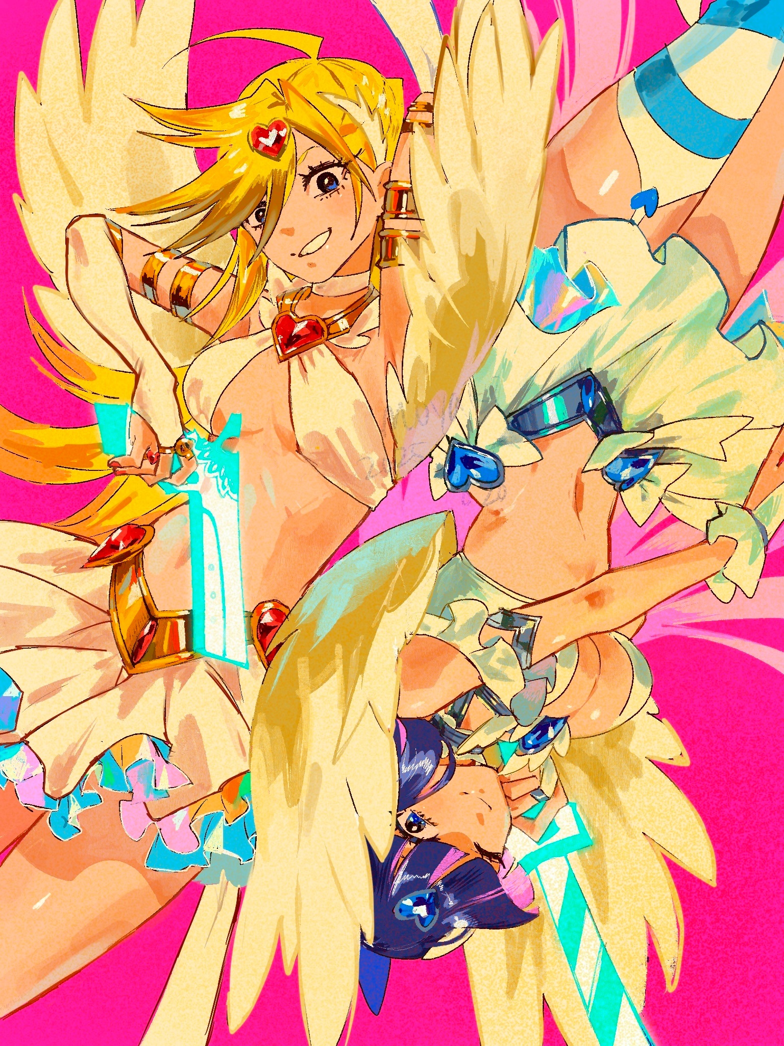 cairngorm999, panty (psg), stocking (psg), panty & stocking with garterbelt, highres, 2girls, angel wings, blonde hair, blue eyes, blue hair, breasts, cleavage, gun, holding, holding gun, holding sword, holding weapon, long hair, looking at viewer, multiple girls, official alternate costume, pink background, revealing clothes, skirt, smile, sword, upside-down, weapon, white skirt, wings
