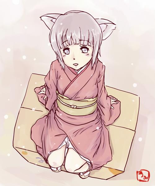 umiusi, 1girl, animal ears, box, cardboard box, cat ears, female focus, japanese clothes, on box, sitting, sitting on box, solo