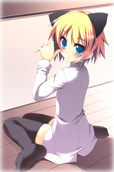 meito (maze), 1girl, animal ears, black thighhighs, blonde hair, blue eyes, cat ears, feet, female focus, full body, looking back, short hair, sitting, solo, thighhighs