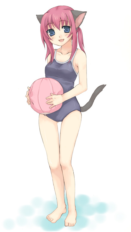 usashiro mani, animal ears, ball, barefoot, beachball, cat ears, cat tail, feet, one-piece swimsuit, swimsuit, tail