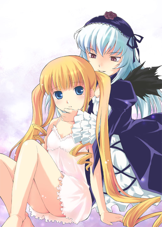 ishizaki uni, shinku, suigintou, rozen maiden, clothes, 00s, 2girls, arm support, blonde hair, blue eyes, camisole, flower, hair between eyes, hairband, hand on another's chin, hug, hug from behind, knees up, lingerie, loli, long hair, multiple girls, red eyes, rose, simple background, sitting, twintails, underwear, very long hair, white background, white hair, yuri