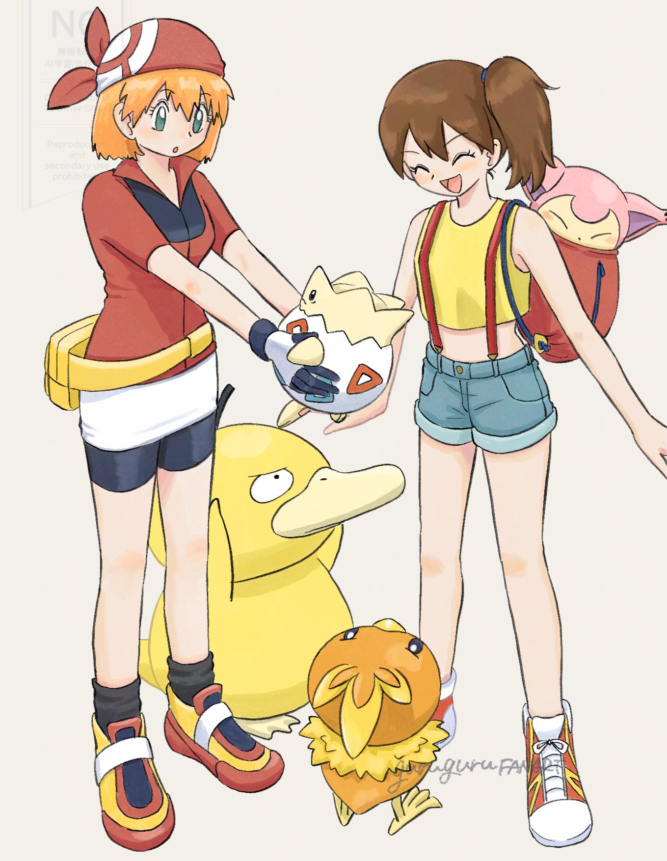 delcatty, may (pokemon), misty (pokemon), psyduck, togepi, torchic, nintendo, pokemon, pokemon (anime), pokemon (classic anime), pokemon rgby, pokemon rse, 2girls, :d, :o, ^ ^, backpack, bag, ball, bandana, bike shorts, bike shorts under shorts, black socks, blue eyes, blue shorts, blush, brown hair, closed eyes, cosplay, costume switch, crop top, denim, denim shorts, eyelashes, fanny pack, gen 1 pokemon, gen 2 pokemon, gen 3 pokemon, gloves, green eyes, hair tie, happy, holding, holding ball, holding pokemon, jacket, knees, medium hair, midriff, multiple girls, navel, open mouth, orange hair, poke ball, pokemon (creature), ponytail, red bandana, red jacket, shirt, shoes, short hair, short shorts, short sleeves, shorts, side ponytail, skirt, sleeveless, sleeveless shirt, smile, sneakers, socks, standing, suspender shorts, suspenders, tank top, white gloves, white skirt, yellow bag, yellow shirt, yellow tank top