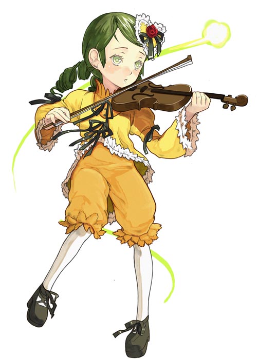 b-ginga, kanaria, rozen maiden, 00s, 1girl, arm garter, bow (music), drill hair, female focus, full body, green hair, hair ornament, instrument, long sleeves, music, playing instrument, puffy pants, ribbon, shoes, simple background, solo, violin, white background, white eyes