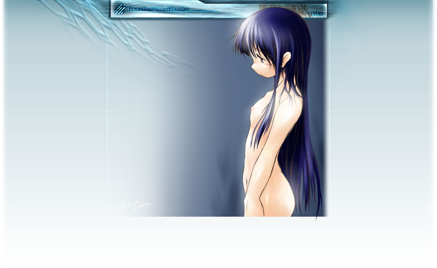 nobuyuki, houraisan kaguya, touhou, 1girl, blue hair, brown eyes, completely nude, female focus, flat chest, from side, long hair, nipples, nude, solo, very long hair