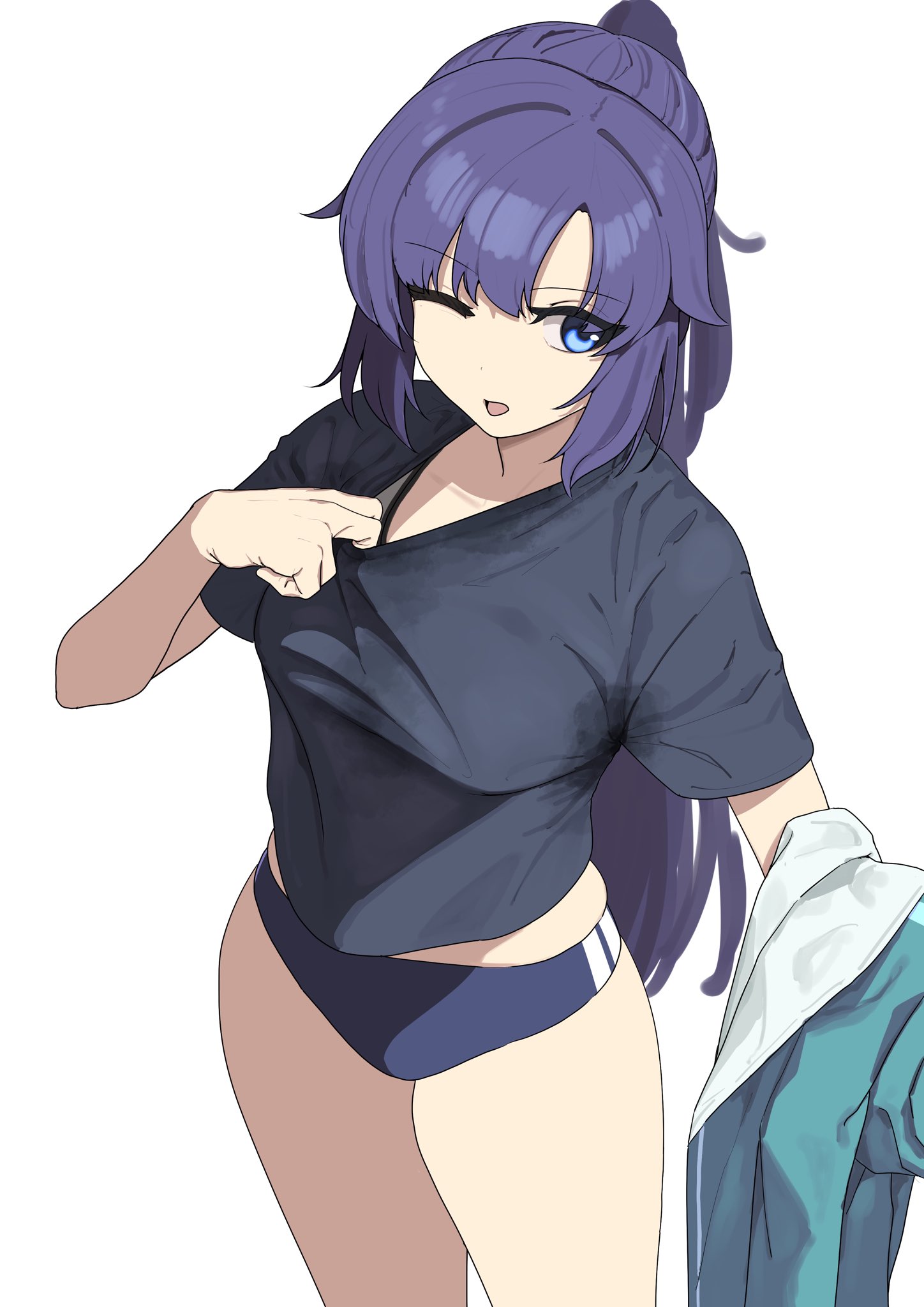 tunao, yuuka (blue archive), yuuka (track) (blue archive), blue archive, commentary, highres, 1girl, black shirt, blue buruma, blue eyes, blue jacket, breasts, buruma, collarbone, hand up, jacket, long hair, medium breasts, one eye closed, open mouth, ponytail, purple hair, shirt, short sleeves, simple background, skindentation, solo, standing, sweat, very long hair, white background