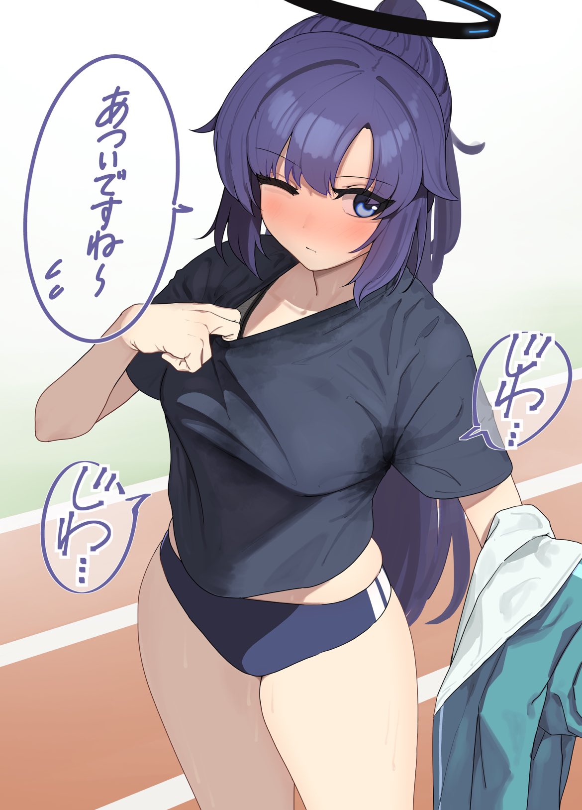 tunao, yuuka (blue archive), yuuka (track) (blue archive), blue archive, commentary request, highres, translation request, 1girl, black shirt, blue buruma, blue eyes, blue jacket, blush, breasts, buruma, closed mouth, collarbone, day, hand up, jacket, long hair, medium breasts, nose blush, one eye closed, outdoors, ponytail, purple hair, shirt, short sleeves, skindentation, solo, standing, sweat, very long hair